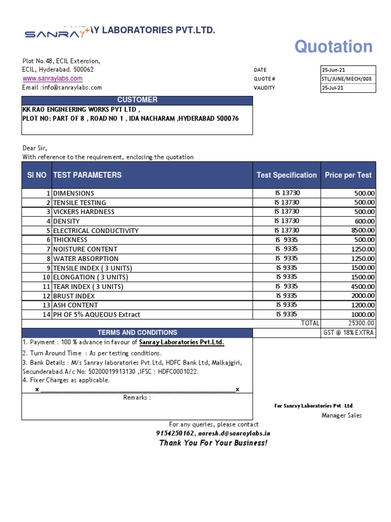 Sanray Laboratories Test Quotation | PDF | Chemistry | Applied And ...