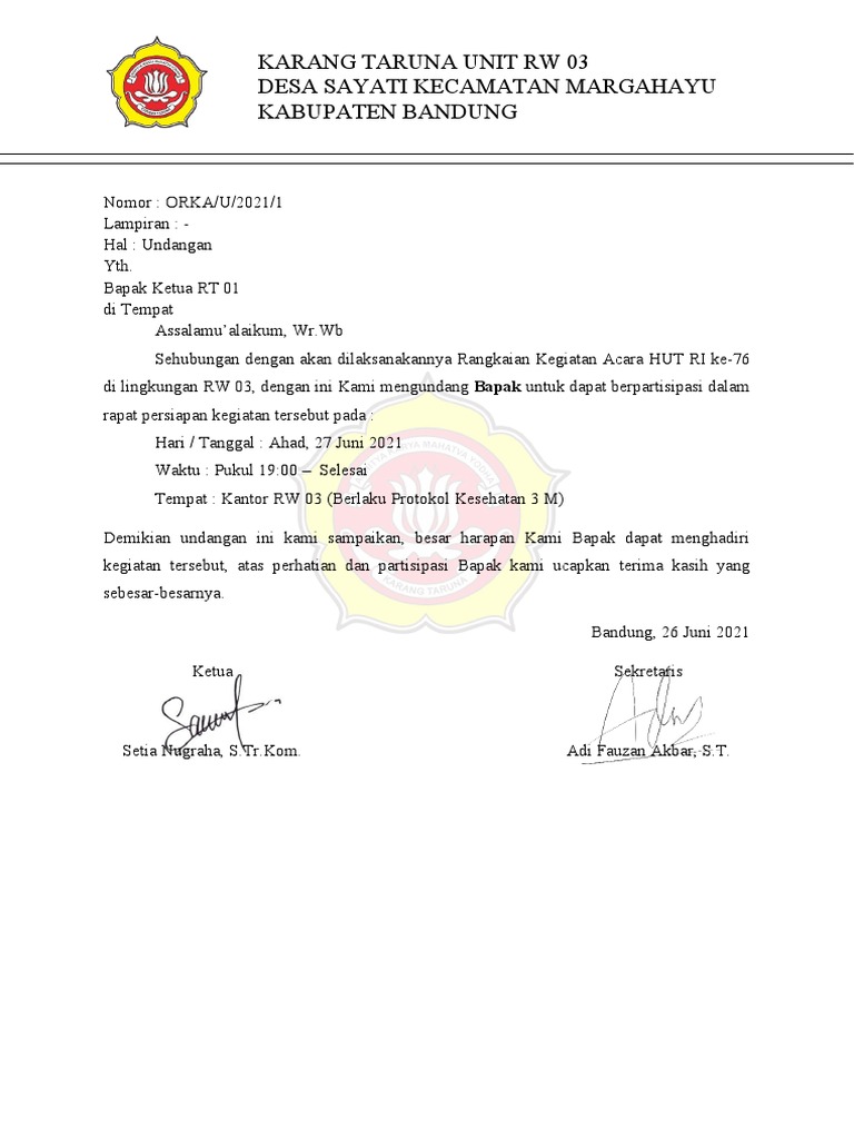 Draft Surat Undangan Rapat Rangkaian Kegiatan 17 Agustus | PDF