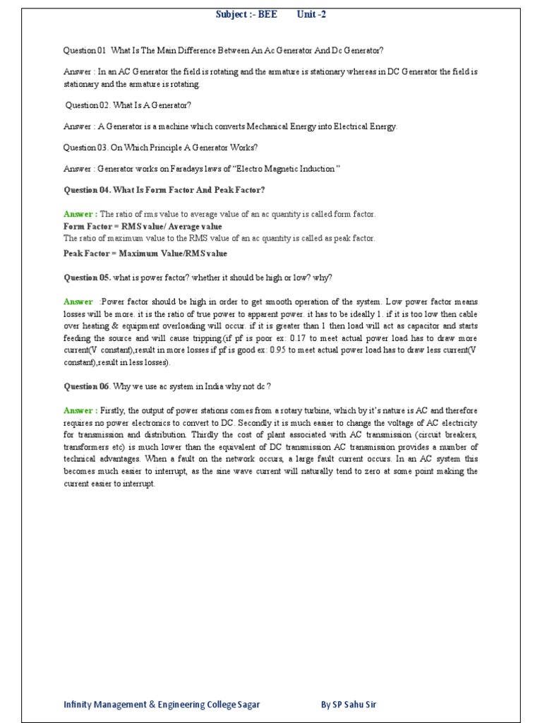 Question 04. What Is Form Factor and Peak Factor? Answer PDF Ac