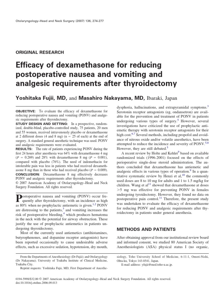 Efficacy of Dexamethasone For Reducing Postoperative Nausea and