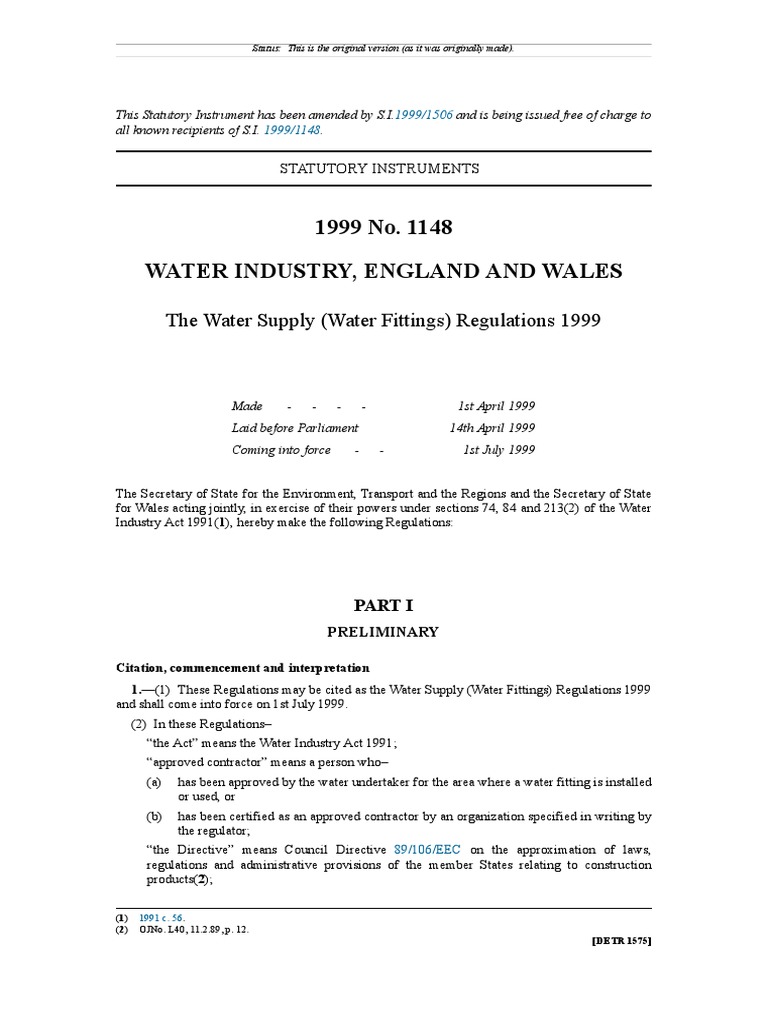 Water Supply Fittings Regulations 1999 | PDF | Water Heating | Pipe ...