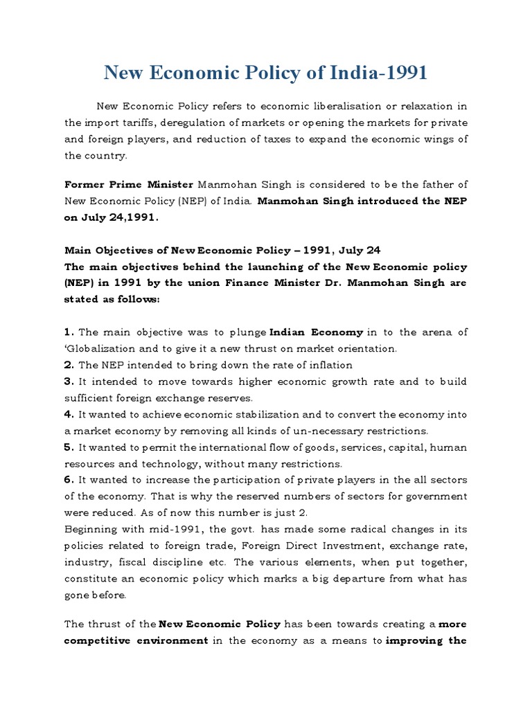 New Economic Policy of 1991 | PDF | Economic Policy | Foreign Direct ...