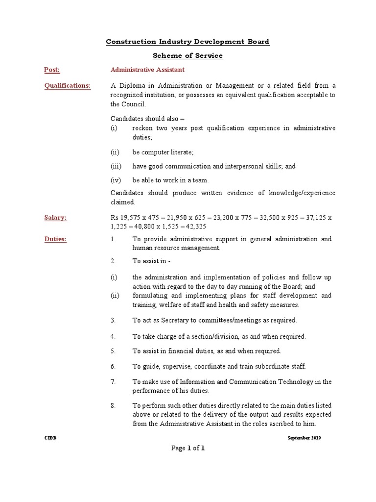 Administrative Assistant Scheme of Service | PDF