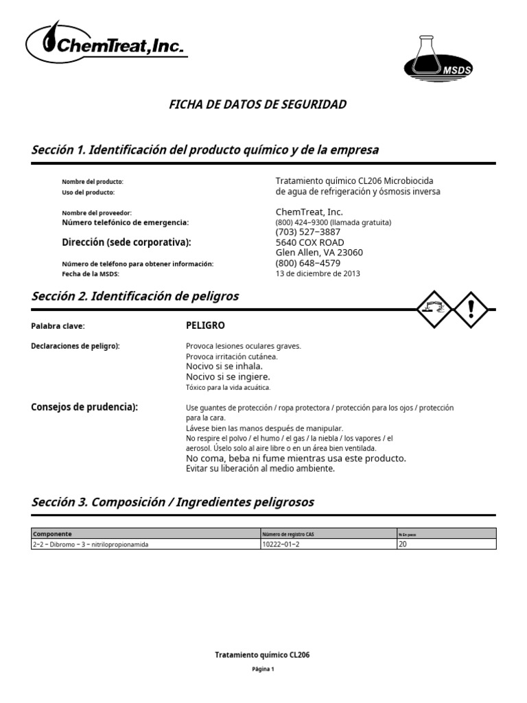 ChemTreat CL 206 PDF Agua Pesticida