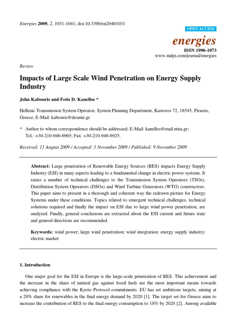 Energies: Impacts of Large Scale Wind Penetration On Energy Supply ...