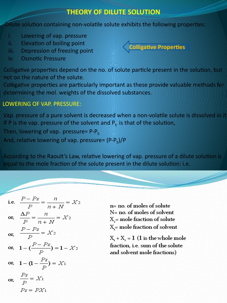 Theory of Dilute Solution Colligative Properties PDF Osmosis Physics