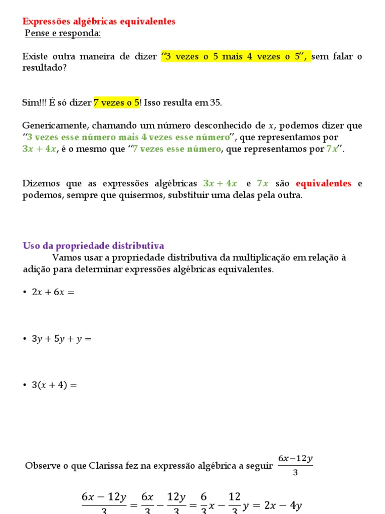 Equivalência de Expressões Algébricas | PDF | Números | Sequência