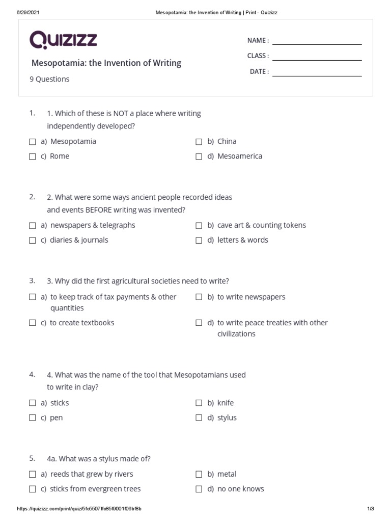 Mesopotamia Writing Quiz Answer Key | PDF | Mesopotamia | Writing