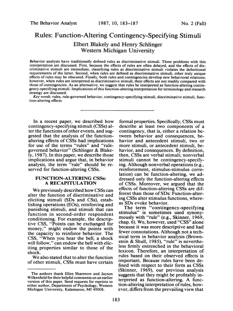 Rules Fuction Altering Contingency Specifying Stimuli | PDF ...