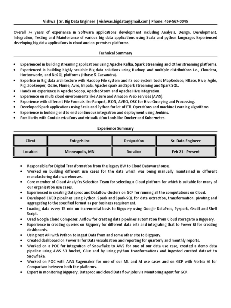 Sr. Big Data Engineer Resume Overview | PDF | Apache Spark | Apache Hadoop