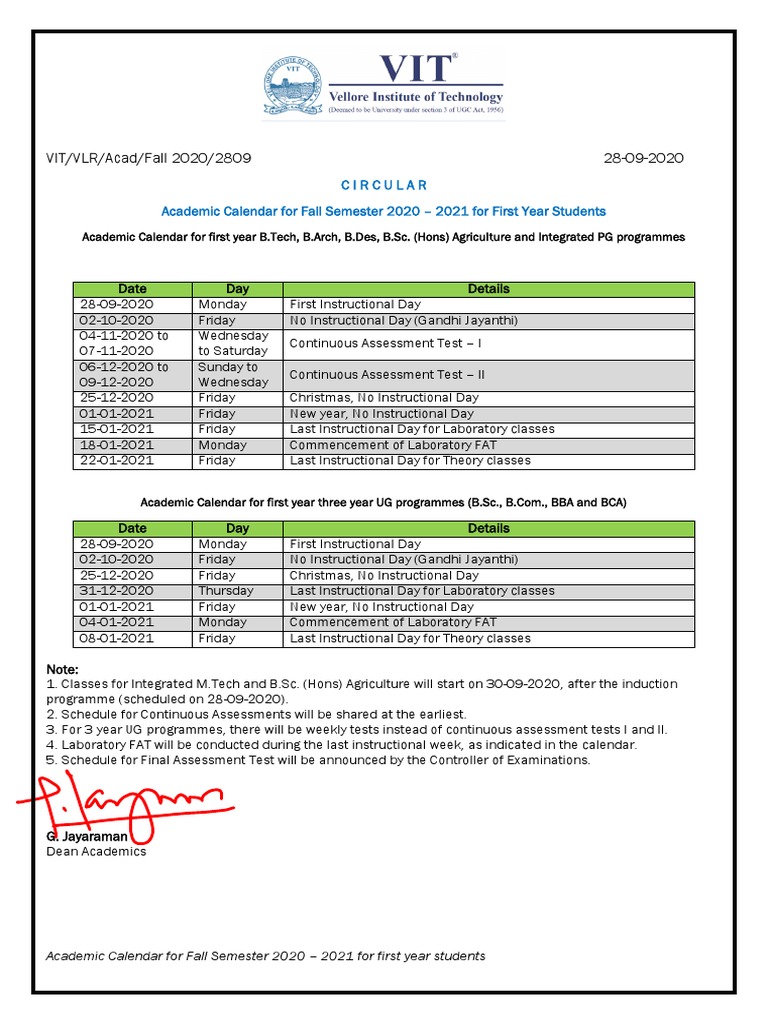 VIT/VLR/Acad/Fall 2020/2809 28092020 Circular Academic Calendar For