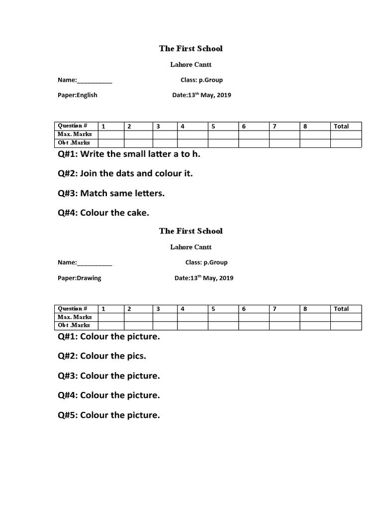 Play Group Exam Papers 2019 | PDF