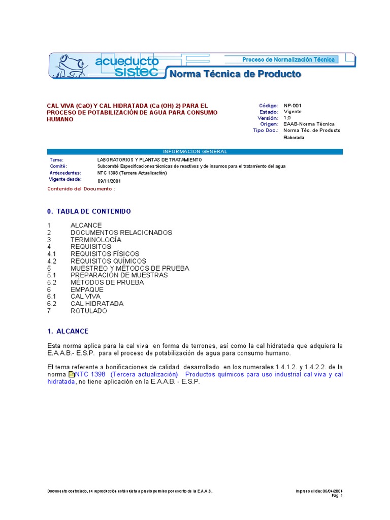 Cal Viva (Cao) Y Cal Hidratada (Ca (Oh) 2) para El Proceso de  Potabilización de Agua para Consumo Humano, PDF, Calcio