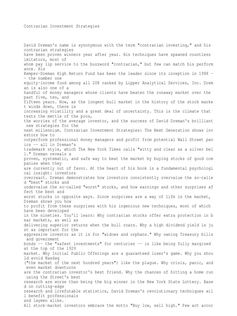 Contrarian Investment Strategies PDF Investment Strategy Investor