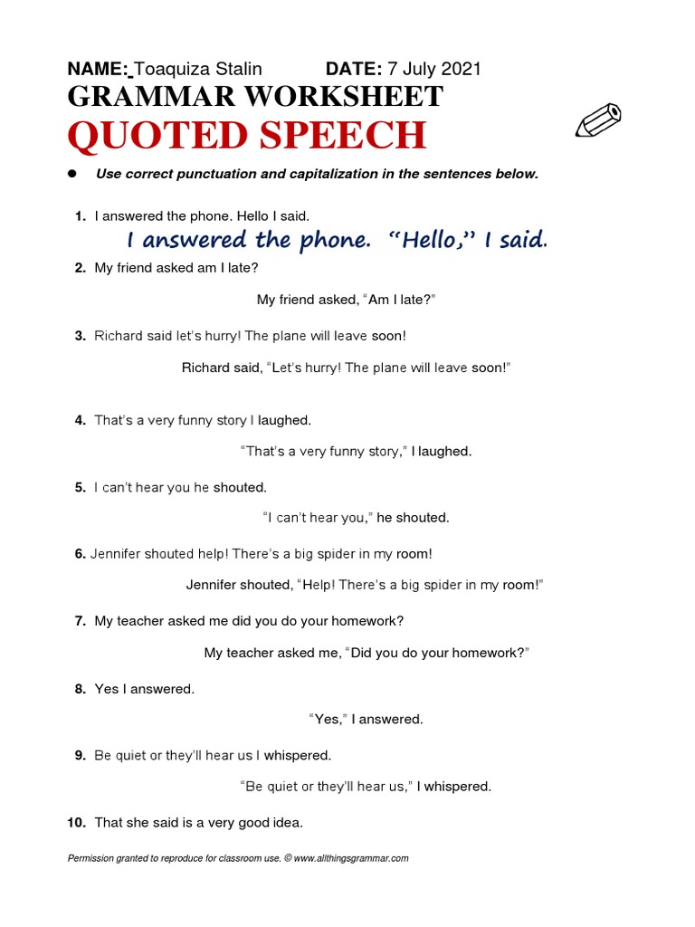grammar worksheet quoted speech