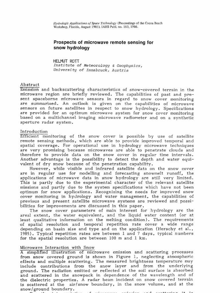 Prospects of Microwave Remote Sensing For Snow Hydrology: Helmut Rott ...