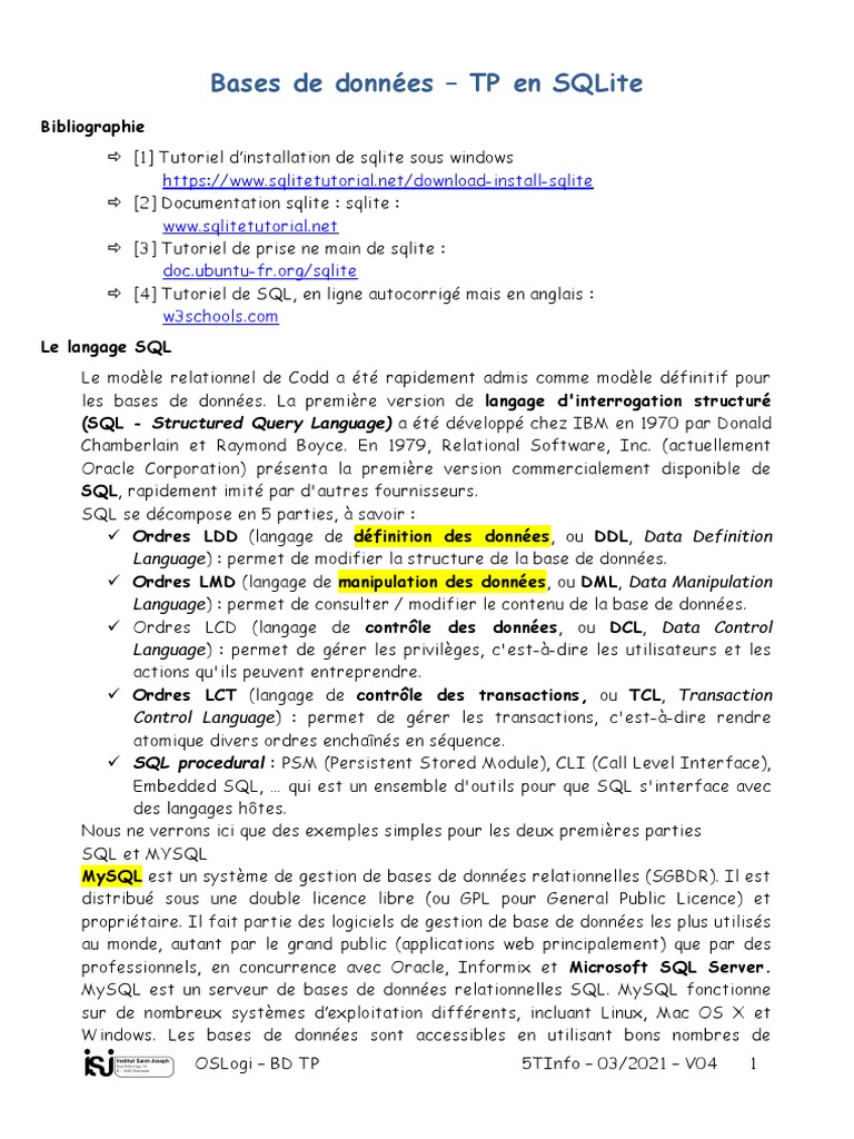 Introduction à SQLite et SQL PSM | PDF | MySQL | Client–serveur