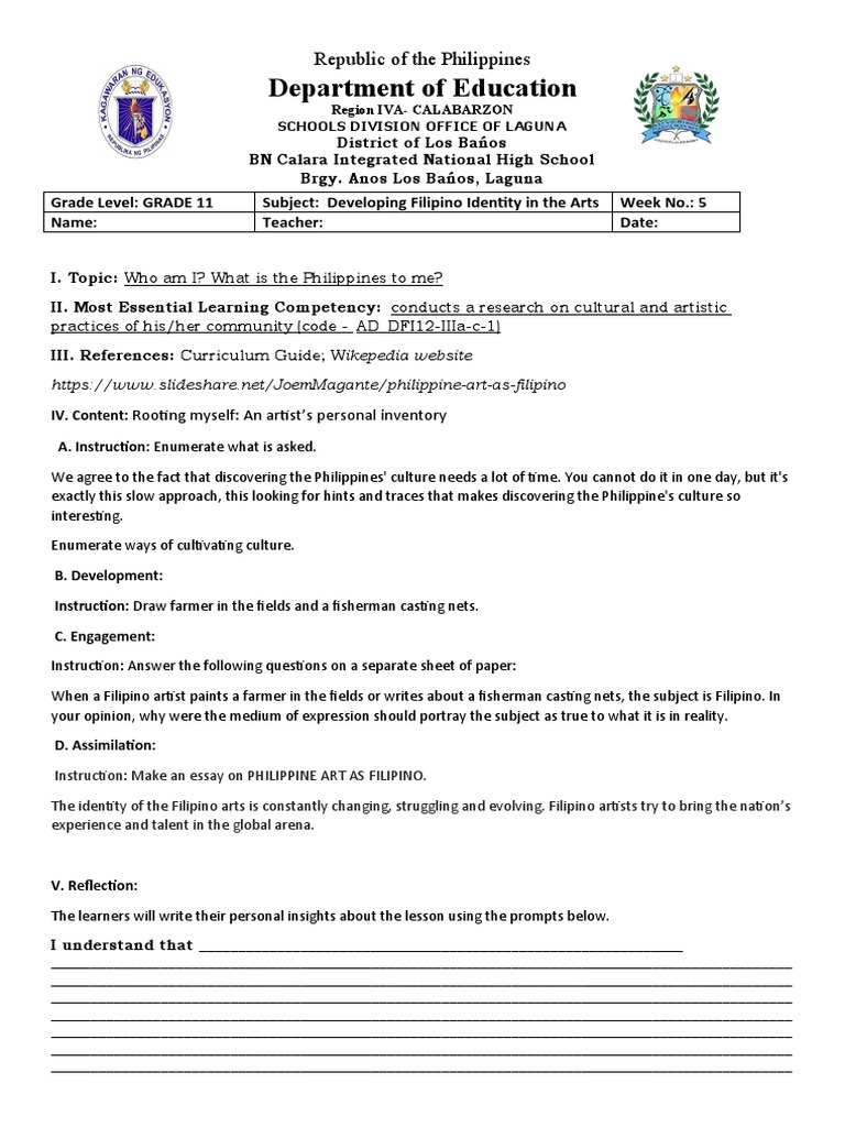 Week 5 Q1 Developing Filipino Identity In The Arts Activity Sheets