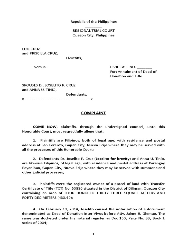 Cruz vs cruz deed of donation download gr tis pdf lawsuit complaint