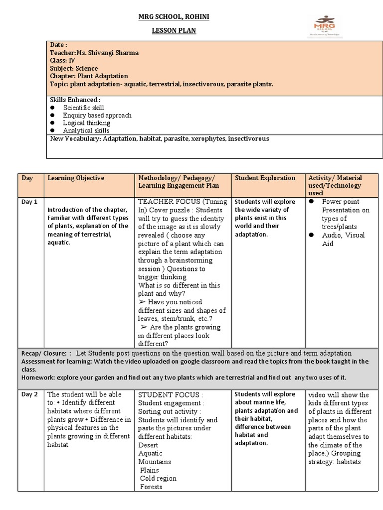 Grade 4 Plant Adaptation Lesson Plan | PDF | Lesson Plan | Educational ...