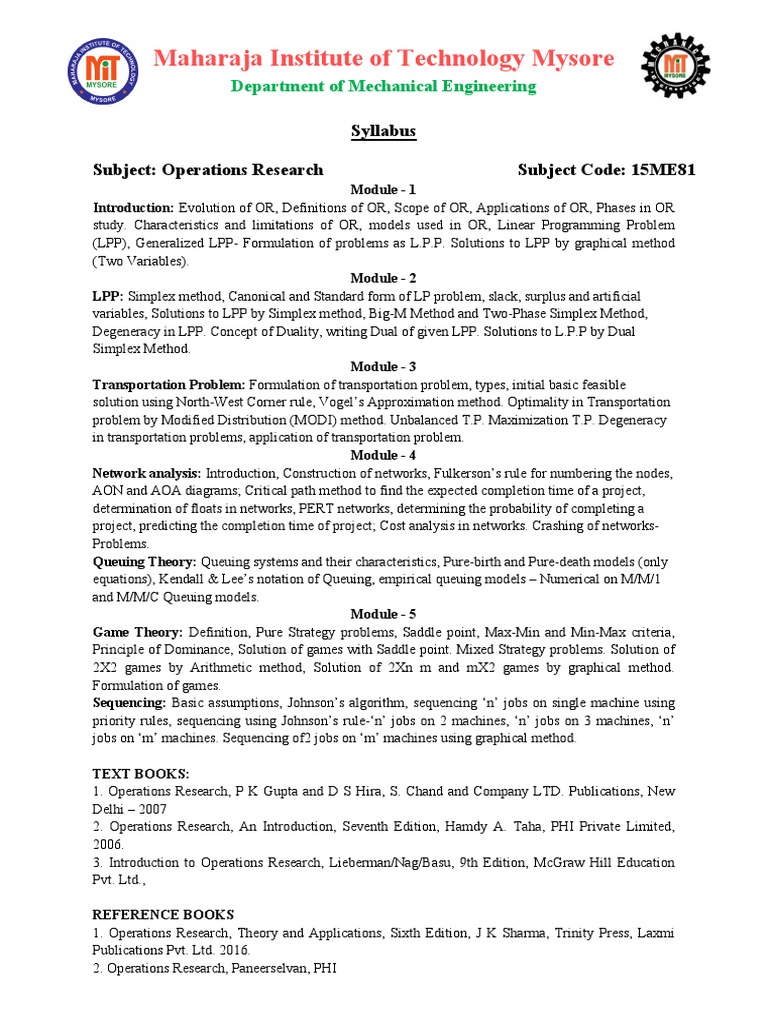 Operations Research Syllabus - MIT Mysore | PDF | Linear Programming ...