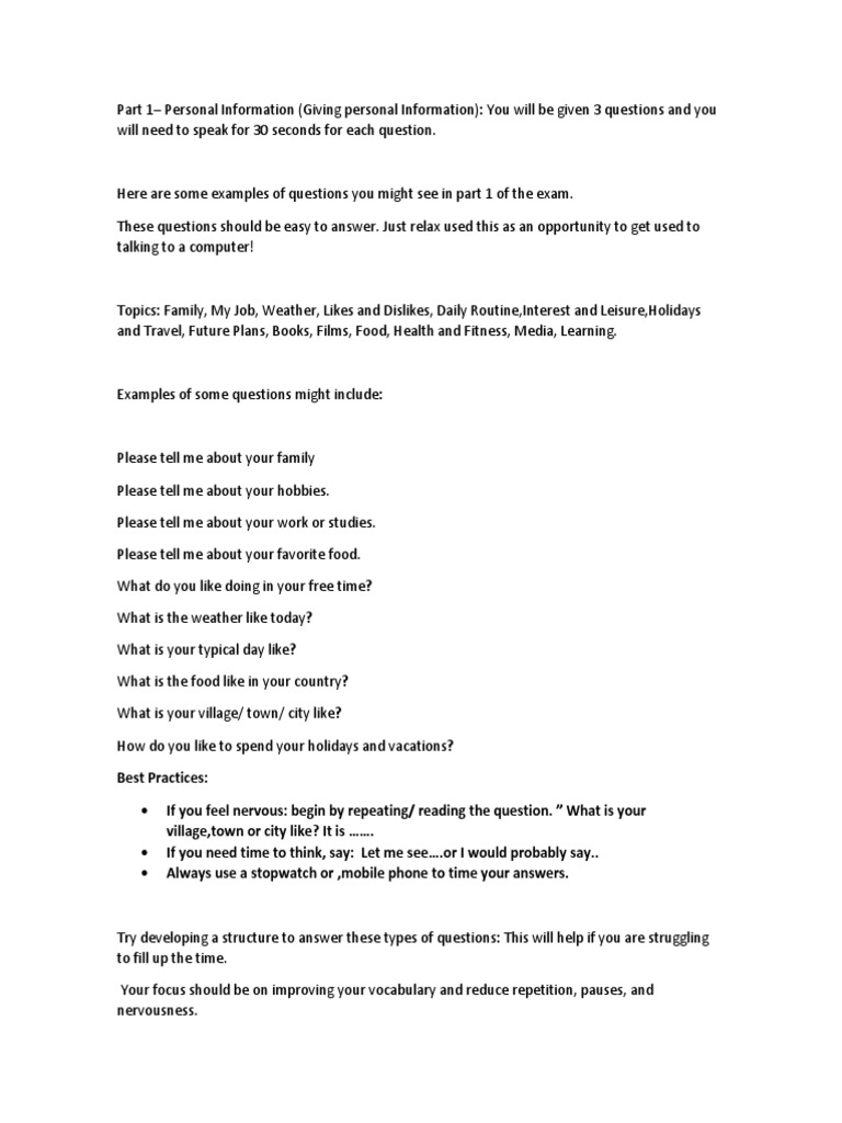 APTIS Speaking Part 1 Tips and Examples | PDF | Leisure | Hobbies