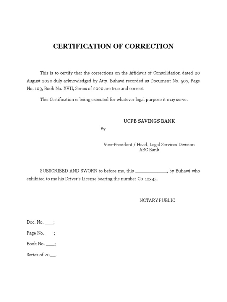 Sample Certificate of Correction - Affidavit of Conso | PDF