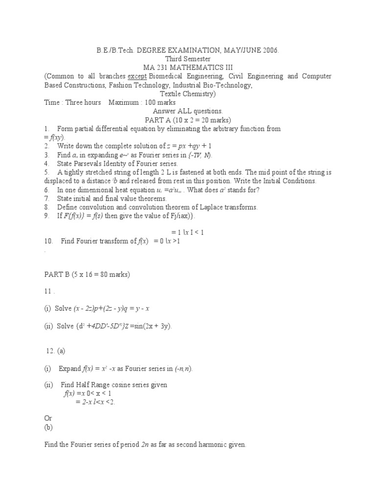 Mathematics III Exam Questions 2006 | PDF | Fourier Series ...