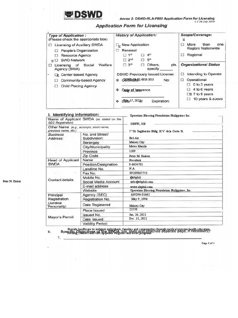 DSWD - Application Form For Licensing | PDF | Mass Media | Wellness