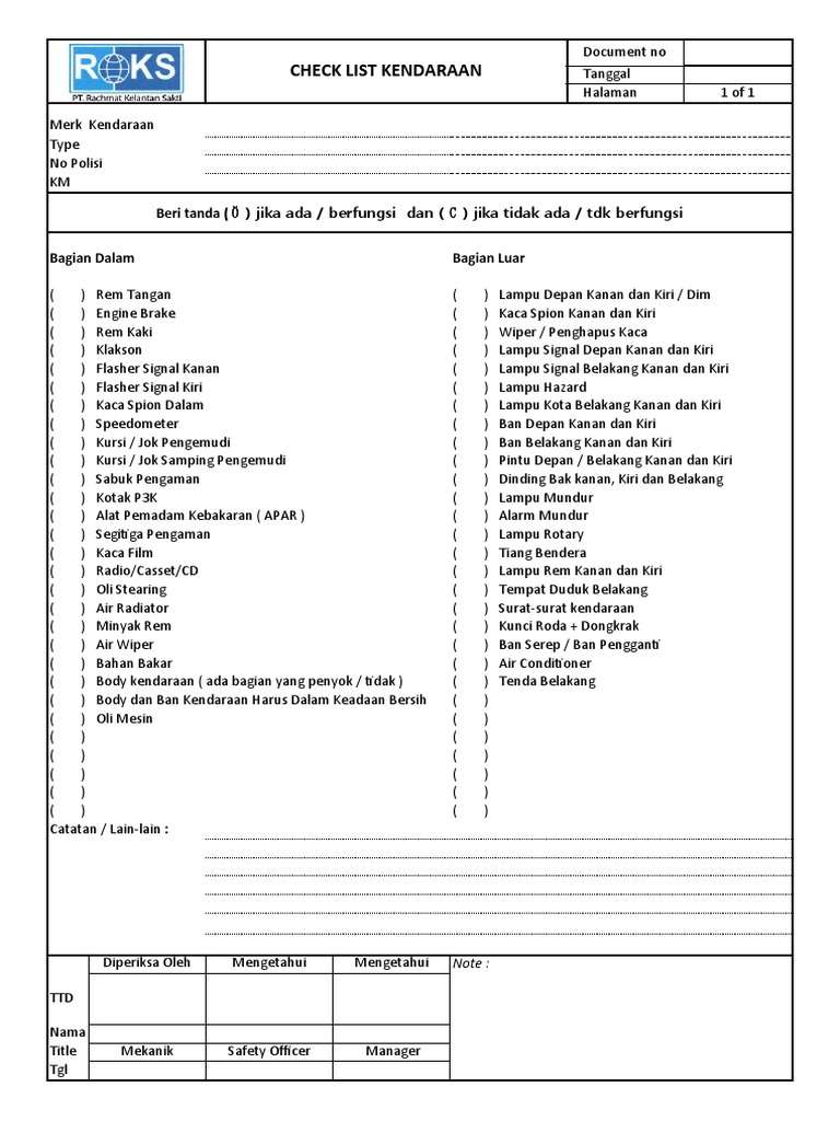 Form Checklist Kendaraan Roda Empat | PDF