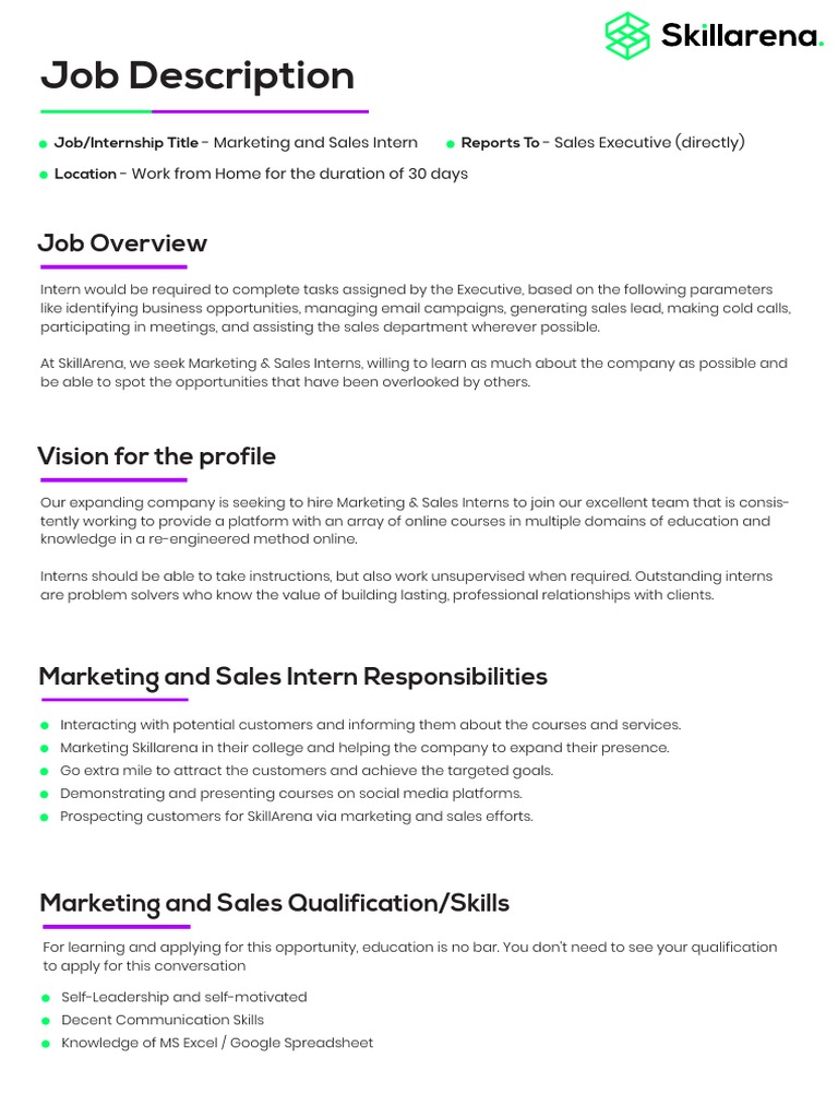 Marketing and Sales Intern Job Overview | PDF | Sales | Internship