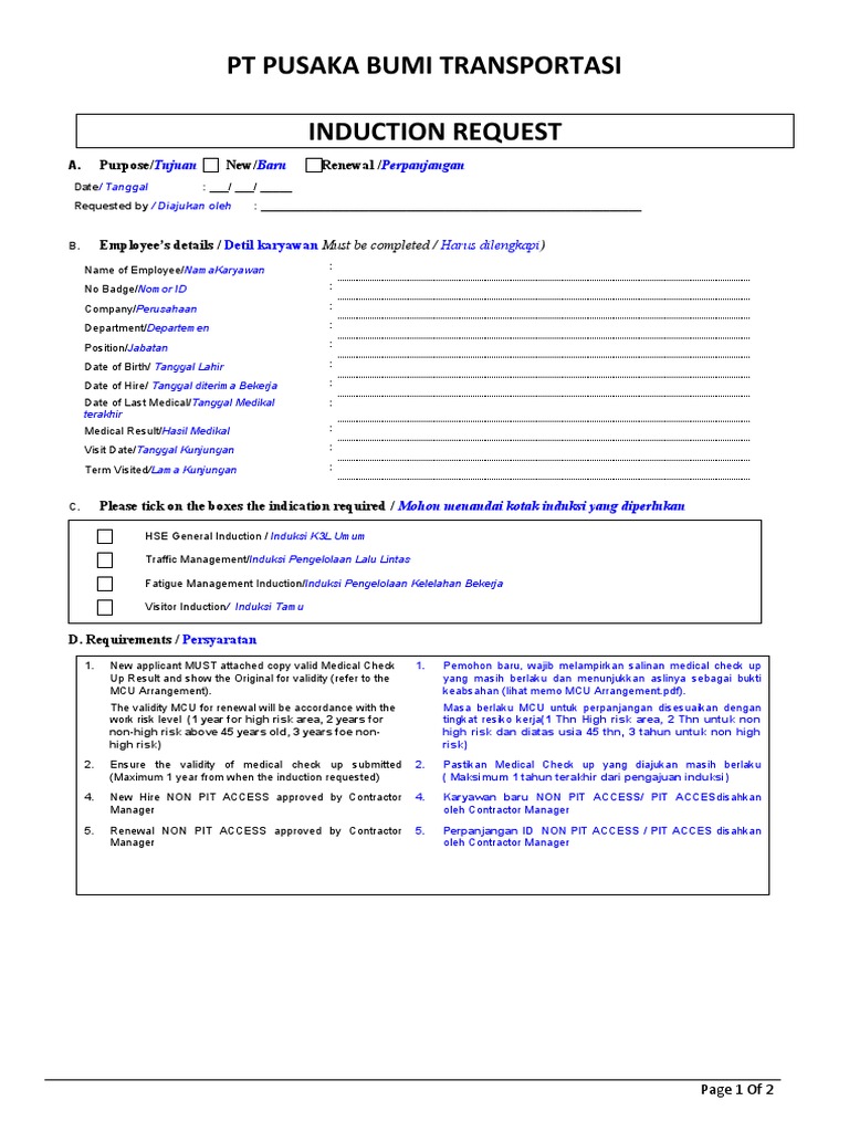 Formulir Permohonan Induksi Karyawan | PDF