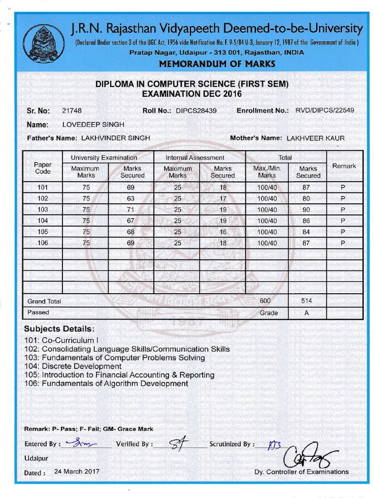 JRN Rajasthan Vidyapeeth Diploma Marks | PDF | Computer Science | Computing