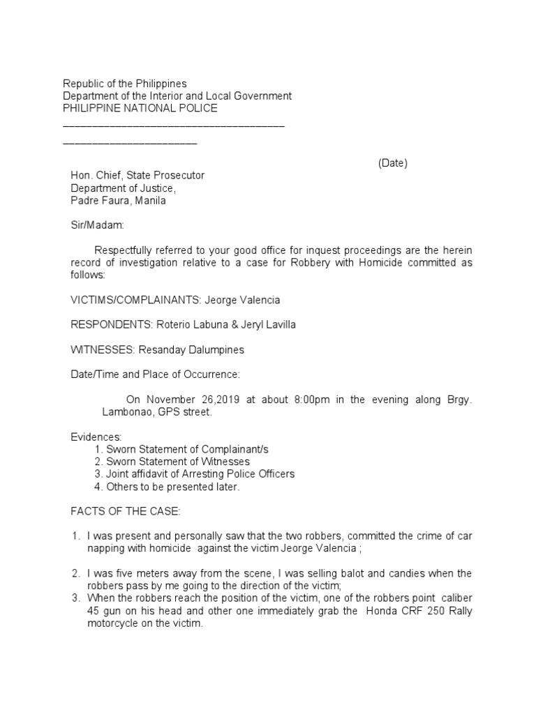 Inquest Referral for Robbery with Homicide | PDF | Social Science | Law