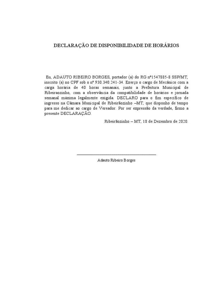 Declaração de Disponibilidade de Horário | PDF | Negócios