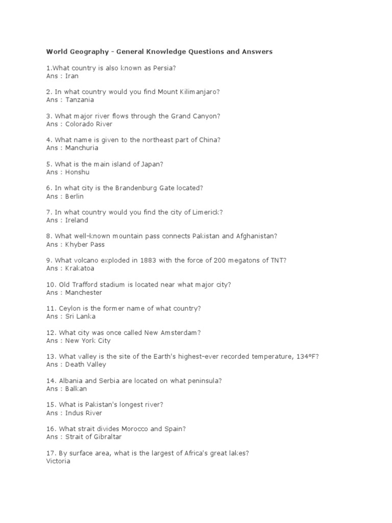 World Geography - General Knowledge Questions and Answers | PDF ...