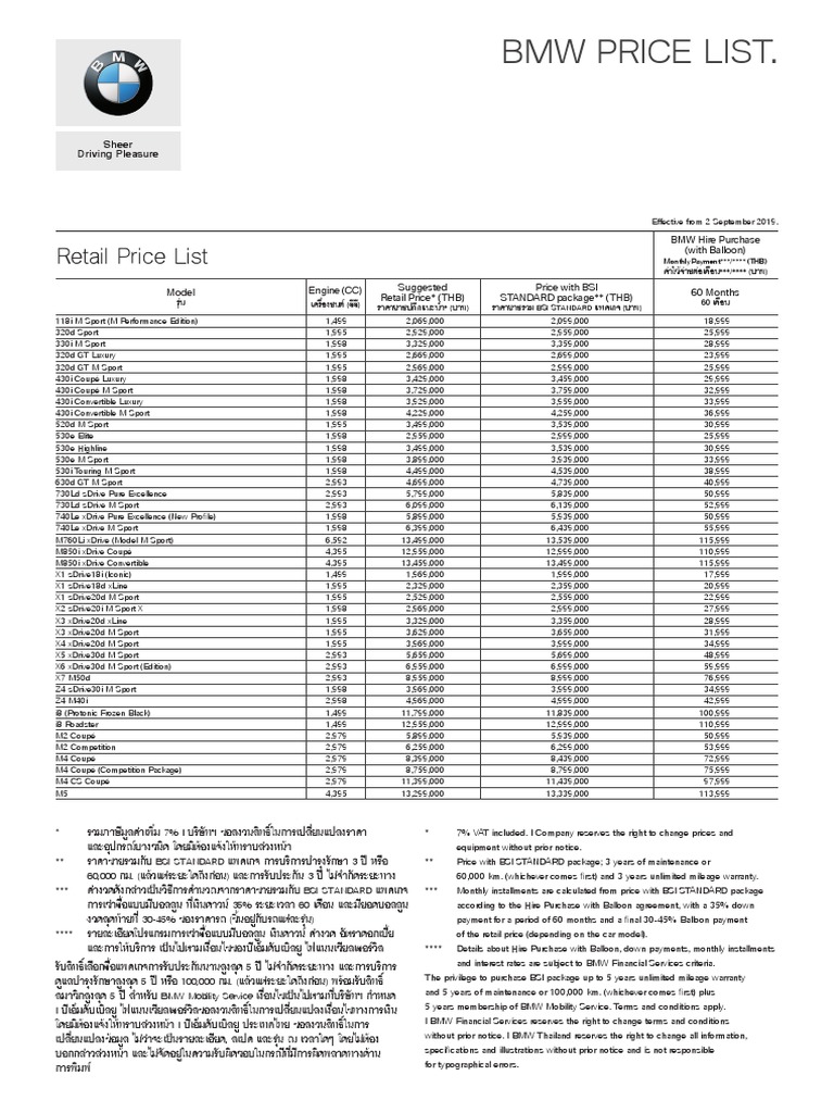BMW Price List Monthly Payment Rates for Various BMW Models with