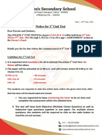 Notice For 1 Unit Test: 6,7,8,9,10 & 12 12 July 2021 To 17 July, 2021 Parent's Panel