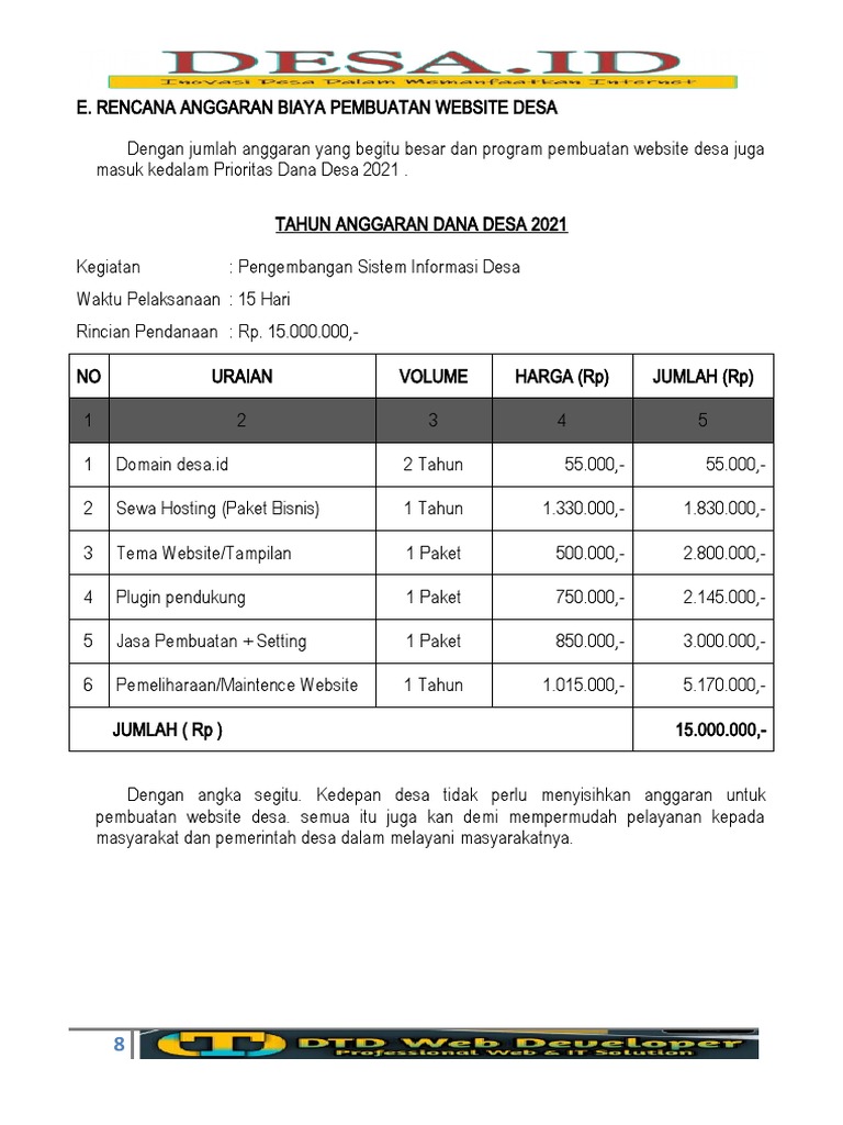 RAB Pembuatan Website Desa 2021 | PDF