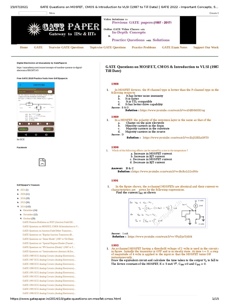 GATE Questions on MOSFET & CMOS | PDF | Field Effect Transistor | Mosfet