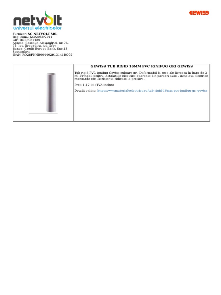 Tub Rigid 16mm PVC Ignifug Gri Gewiss | PDF