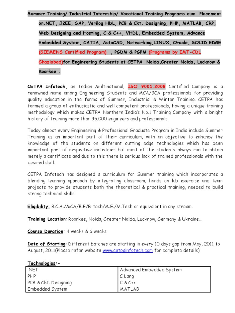 CETPA Summer Training Certificate Programs | PDF