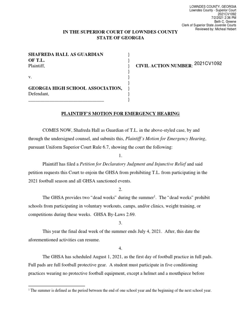 Shafreda Hall As Guardian of T.L. MOTION FOR EMERGENCY HEARING PDF
