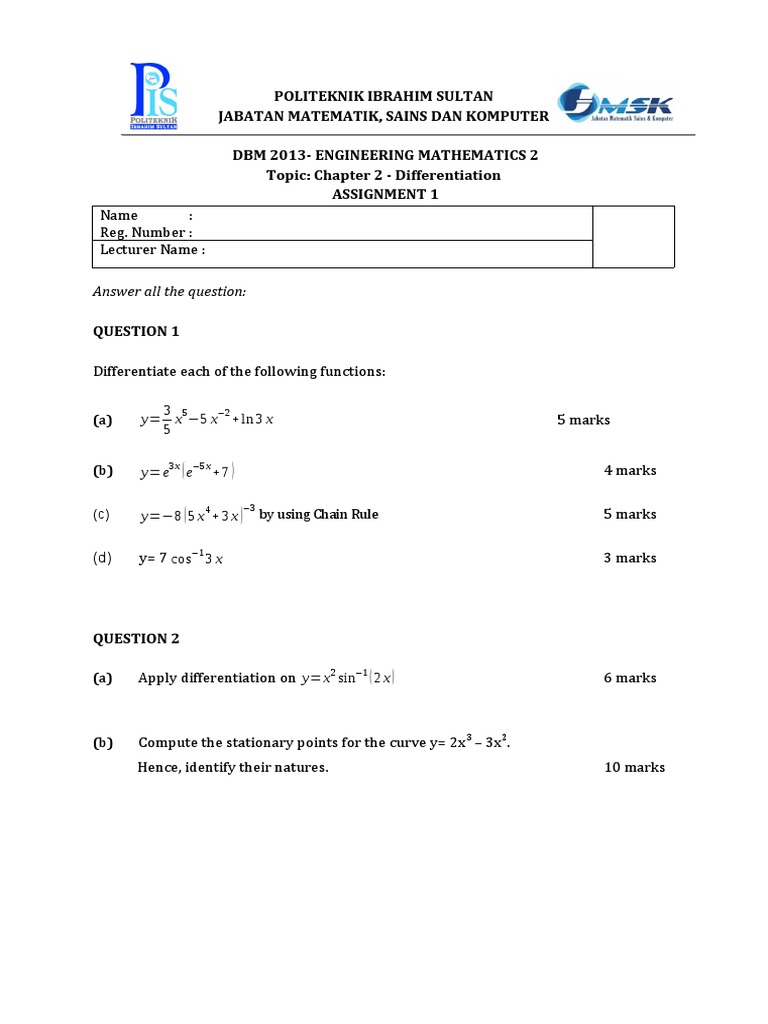 Engineering Math Differentiation Tasks | PDF