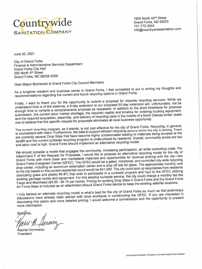 June 30 2021 Grand Forks Countrywide Sanitation Letter PDF