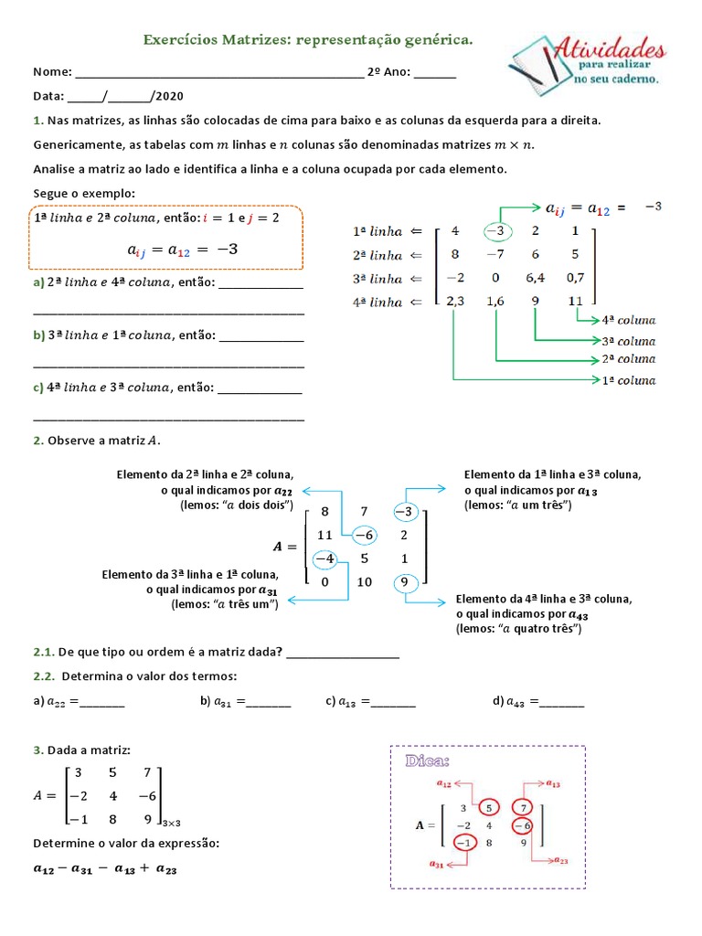 Exercícios Matrizes representação genérica 15102020 | PDF | Matriz ...