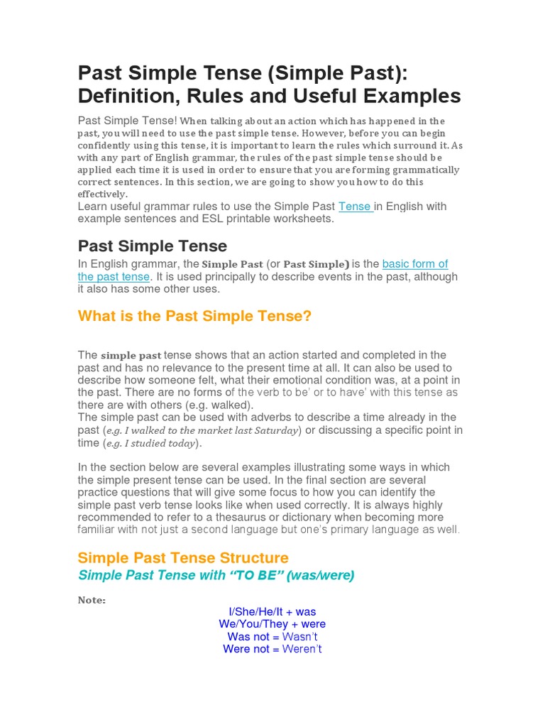 Past Simple Tense: Definition and Examples | PDF | Grammatical Tense ...