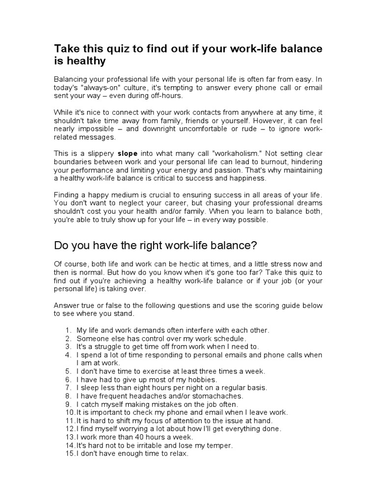 Quiz - Work-Life Balance | Download Free PDF | Psychological Concepts ...