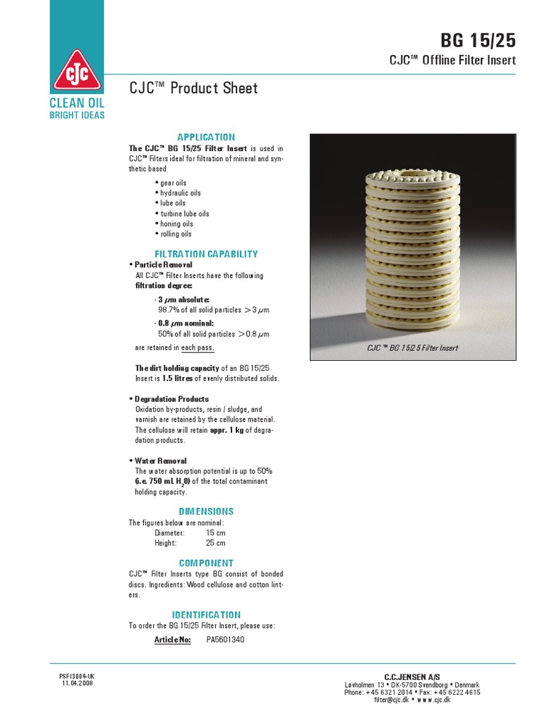 CJC Data Sheet Sparein Motion | PDF | Filtration | Industrial Processes