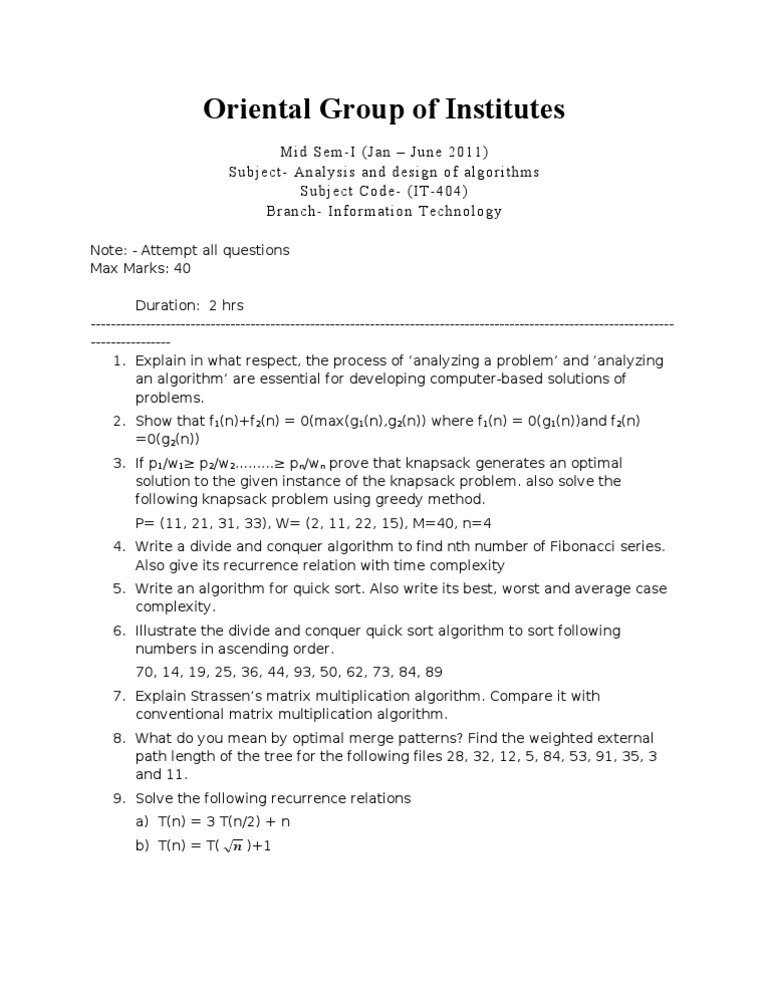 ADA Mid Sem-I Question Paper 2011 | PDF